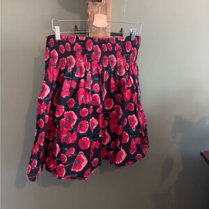 Smocked-Waist A-Line Skirt in Red Floral on Black